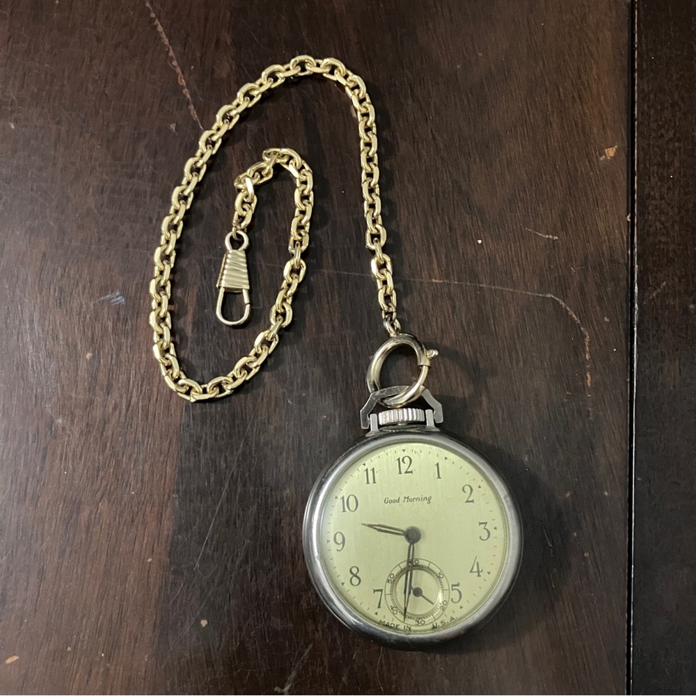 Not Working! Vintage Good Morning Pocket Watch with Golden Chain